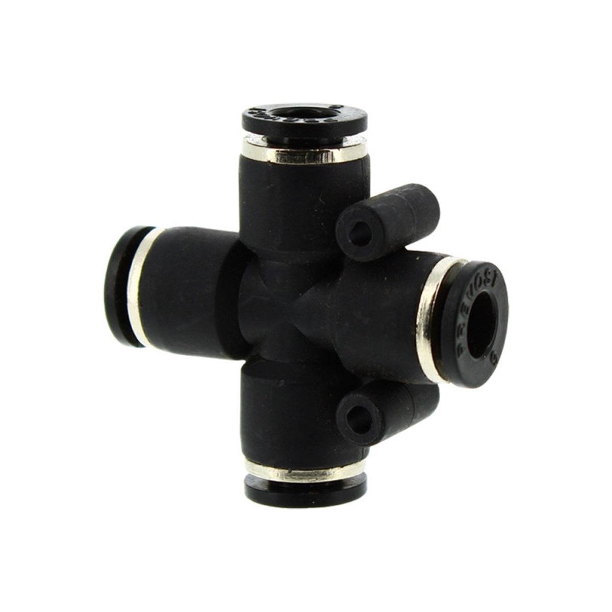 Raccord instantané en croix 6 mm, utilisé pour connecter quatre tuyaux dans des systèmes d'irrigation, assurant une connexion rapide et durable en agriculture et horticulture