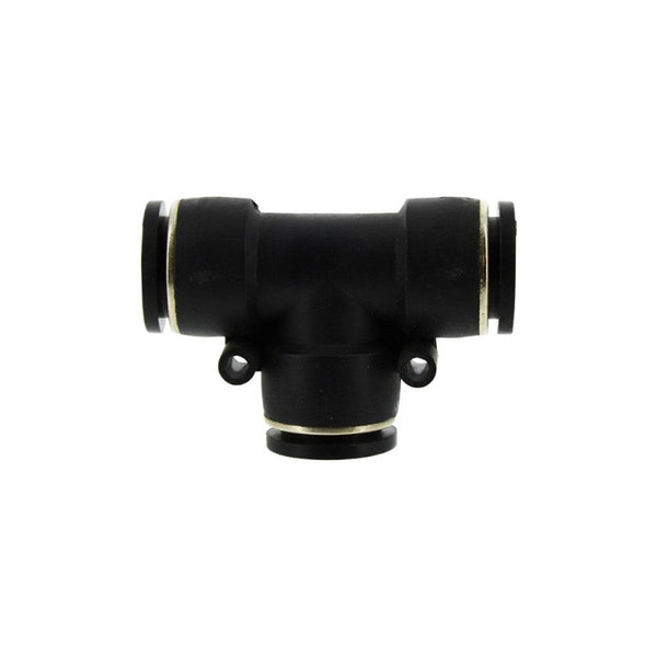 Raccord instantané en T de 16 mm pour système d'irrigation, connecteur noir à trois voies pour tuyaux PE. Idéal pour dérivations en arrosage jardin.