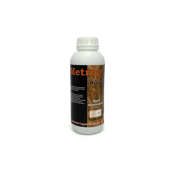 Stimulateur de racines Metrop Root+ 1 litre en bouteille, engrais liquide pour optimiser la croissance racinaire des plantes en jardinage domestique.