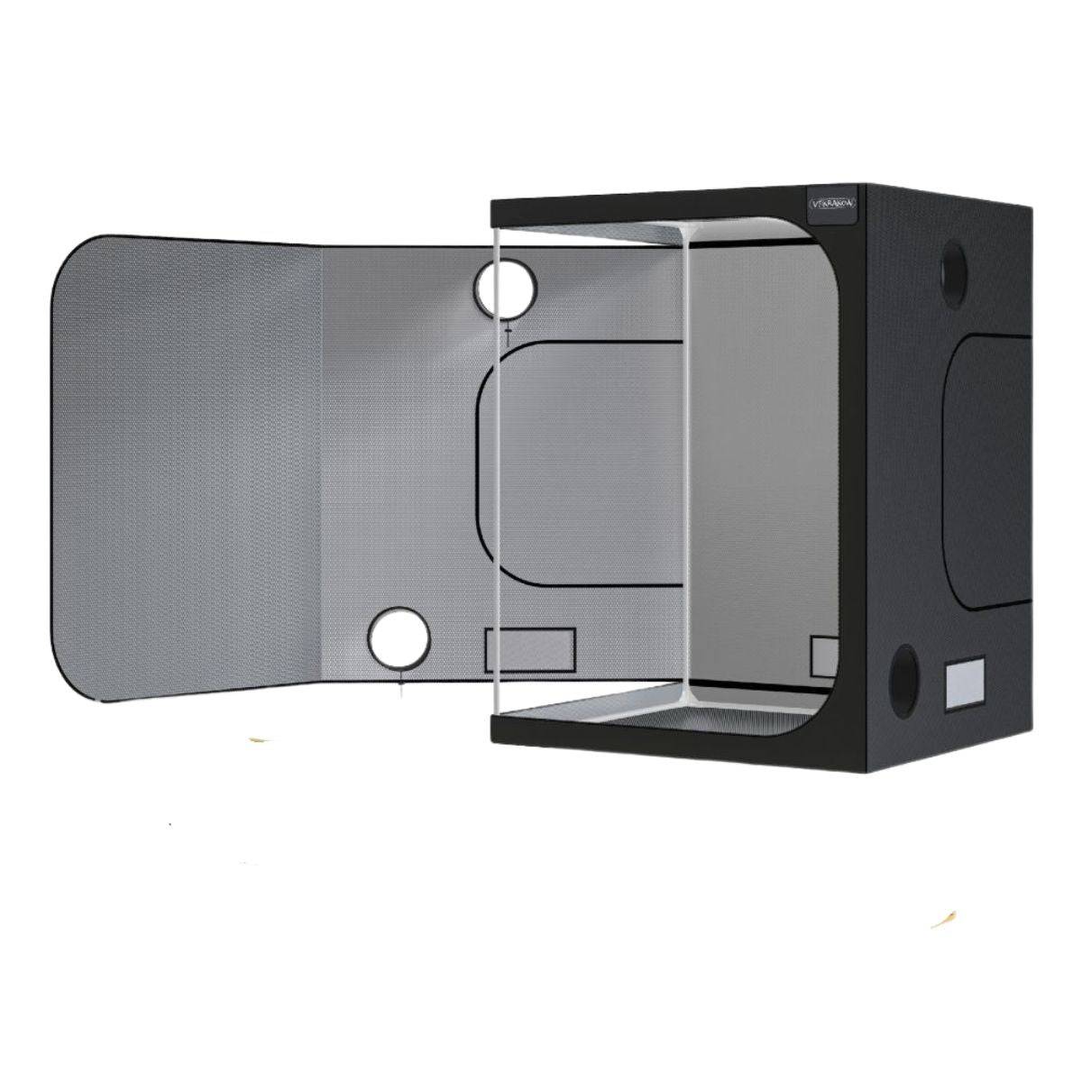 Schéma 3D de la tente de culture Guerilla Box 120x60x180 cm ouverte, montrant les ouvertures de ventilation et l’intérieur mylar 600D réfléchissant.