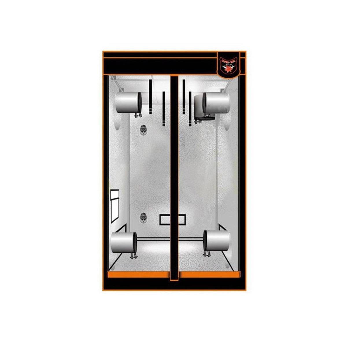 Vue frontale de la chambre de culture Superbox 80x80x180cm avec ouvertures d’aération et structure renforcée pour jardinage intérieur.