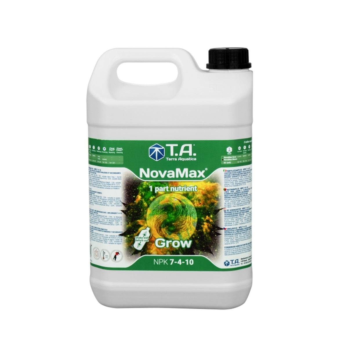 Bidon de 5L d'engrais Terra Aquatica Nova Max Grow, engrais de croissance minéral NPK 7-4-10 pour culture indoor, vendu par SauceGrowing.