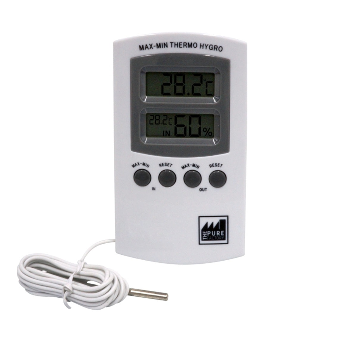 Thermo-hygromètre à sonde Pure Factory avec écran digital pour mesurer température et humidité en culture indoor. Idéal pour jardinage intérieur.