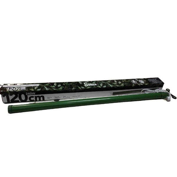 Solux - Tube chauffant de 120cm et 240W pour tente de culture, présenté avec son emballage décoré de feuillage, idéal pour serres.