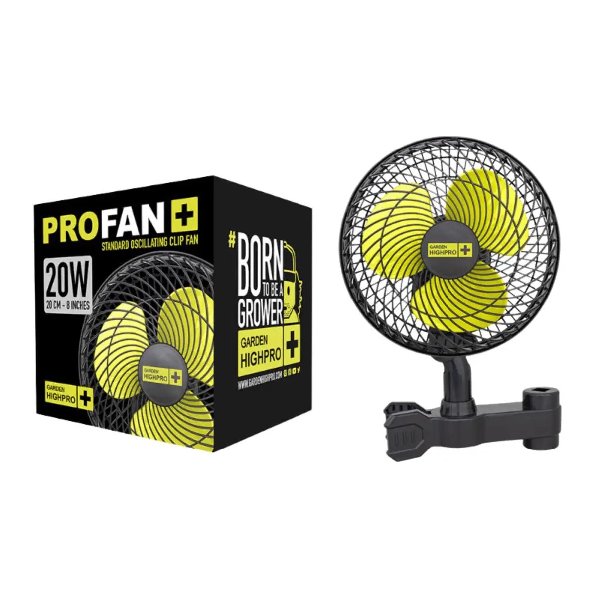 Ventilateur oscillant Garden High Pro avec sa boîte d'emballage noire et jaune. Modèle ProFan 20W, idéal pour la ventilation des chambres de culture.