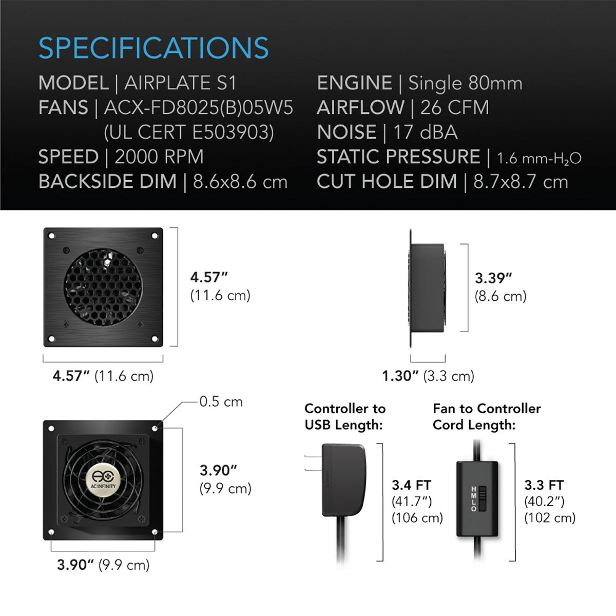 Spécifications techniques du ventilateur AC Infinity Airplate S1