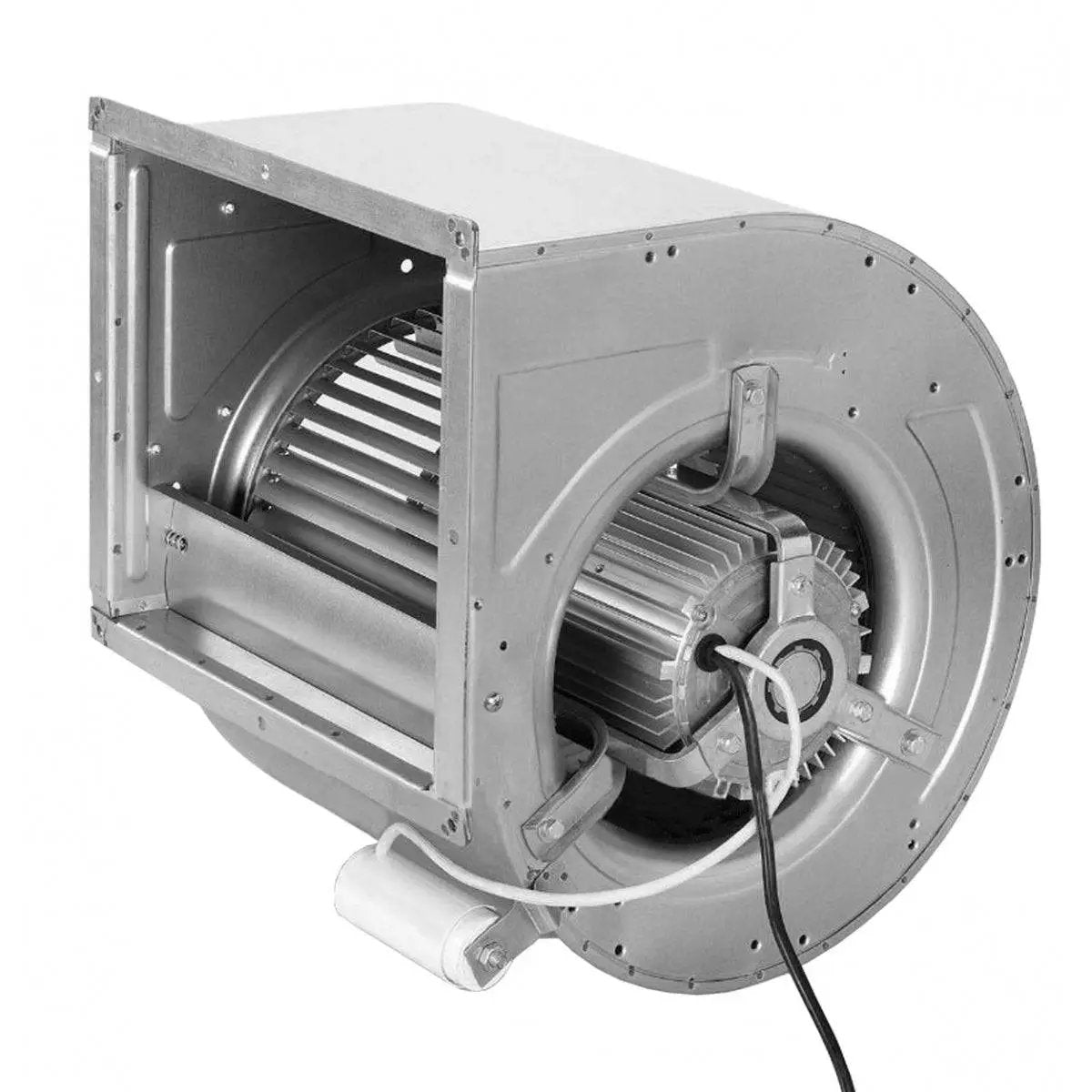 Vue interne du moteur de l'extracteur d'air 550m3/h, turbine puissante intégrée dans le caisson MDF pour culture indoor silencieuse.