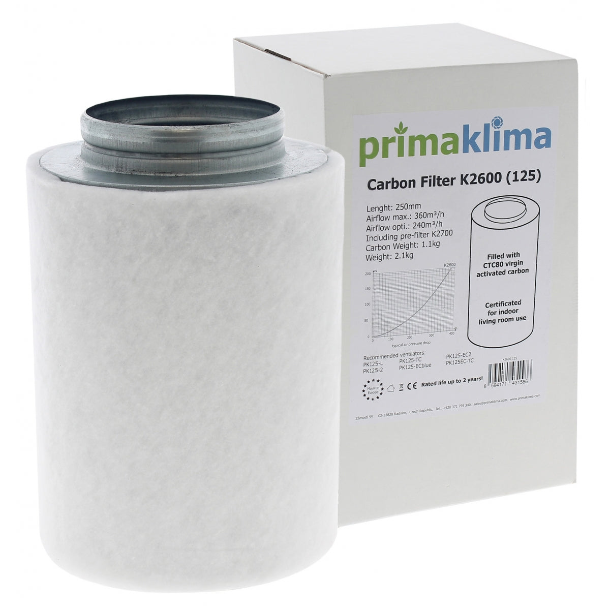 Le filtre à charbon anti odeur Prima Klima Ecoline de 125mm de diamètre