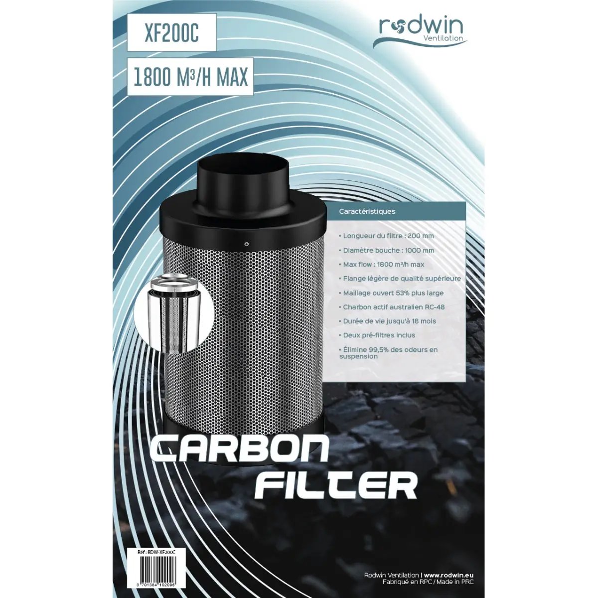 Filtre à charbon pour culture indoor Rodwin 200mm - 1800m3/h