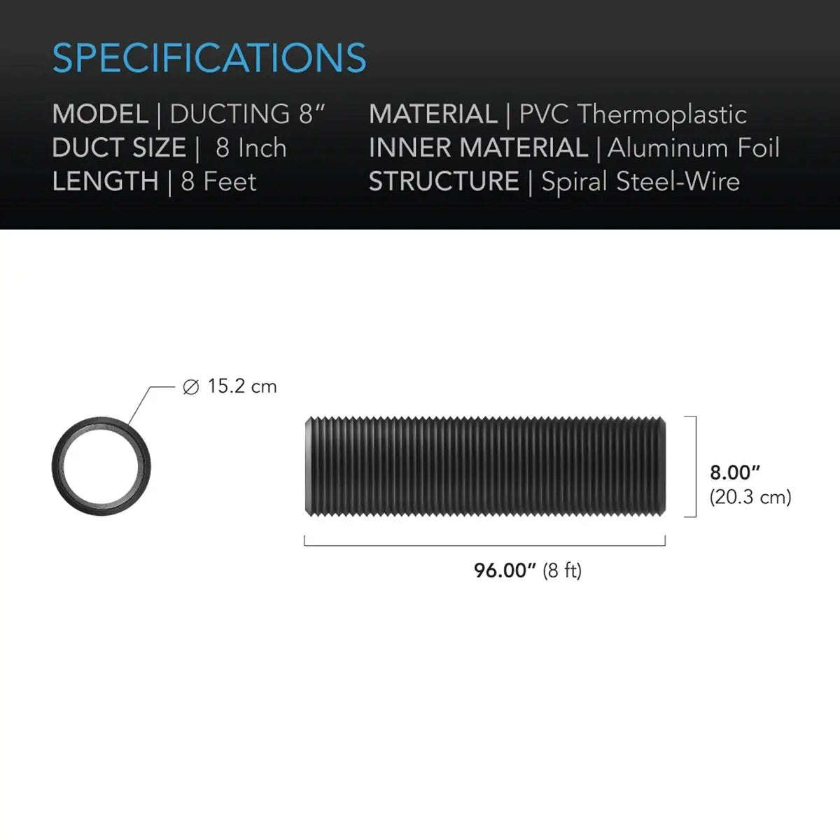 Gaine de 203mm AC Infinity en alu et PVC 2,4 mètres