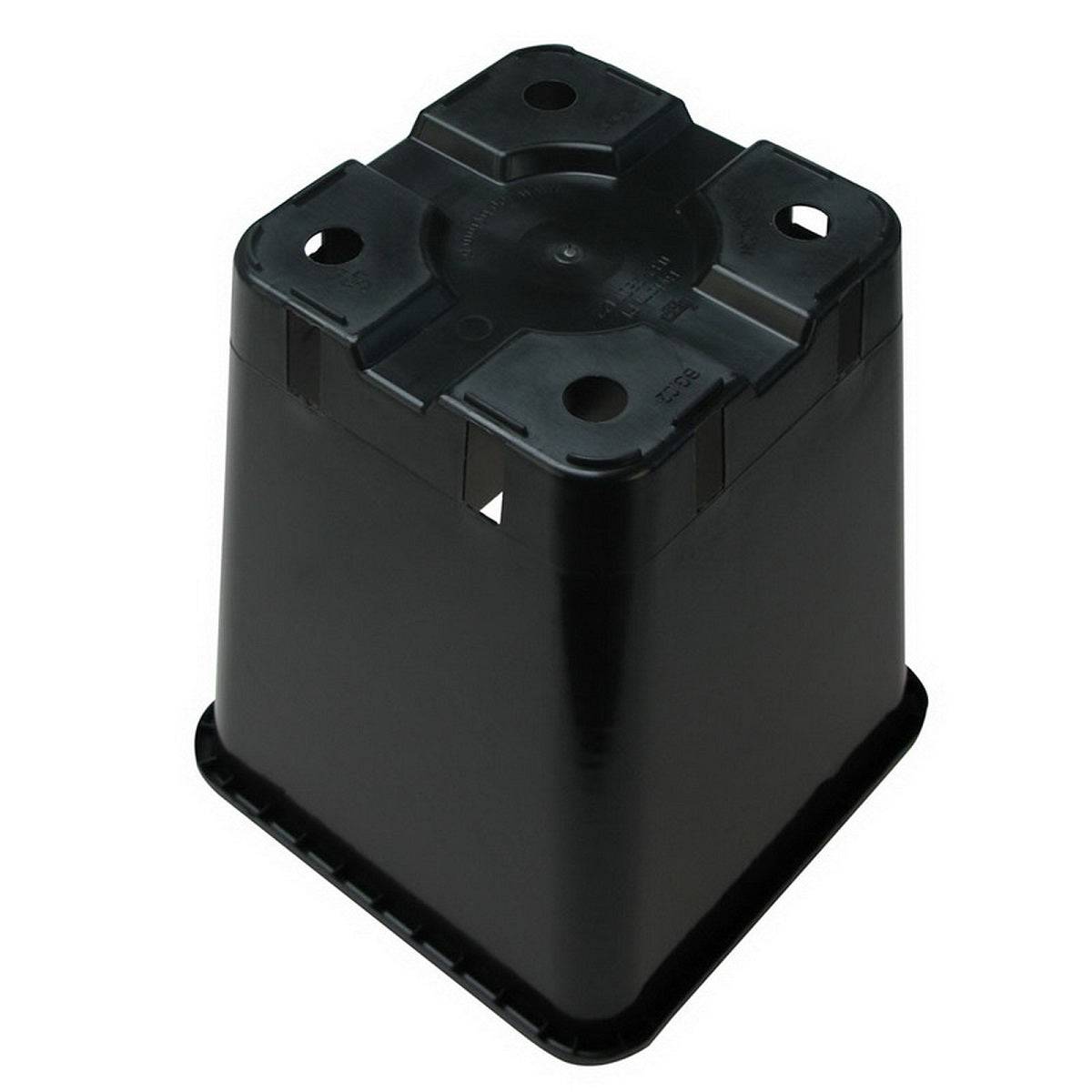 Vue du dessous d’un pot carré en plastique de 7 litres, avec trous de drainage, parfait pour jardinage en box de culture, pack de 58.